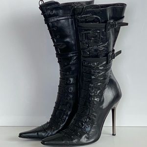 Charles David Mid-calf Black Stiletto Pewter Heel